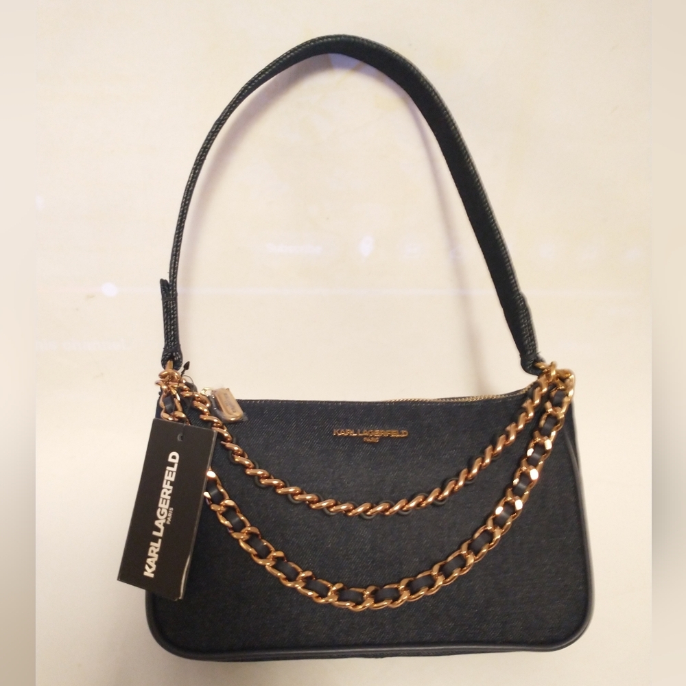 NEW Karl Lagerfeld Paris Dark Wash Blue Denim Shoulder Bag Purse READ Minor Flaw
